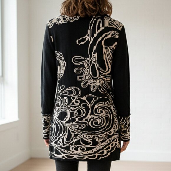 Shawl Collar Button Cardigan Long Sleeve Black Tan Large - Picture 2 of 6